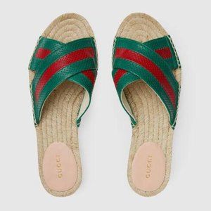 GUCCI Calfskin Perforated Web Espadrille Sandals Red Green New in Box w shoe bag